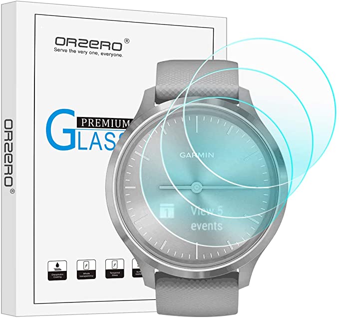 (3 Pack) Orzero Compatible for Garmin Vivomove 3 Smartwatch Tempered Glass Screen Protector, 2.5D Arc Edges 9 Hardness HD Anti-Scratch Bubble-Free (Lifetime Replacement)