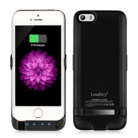 Leadtry 4200mah Iphone 5 5s 5SE Universal Slim Case Rechargeable Portable Charger Case Outdoor Moving External Battery Backup Case Cover with 4 LED Lights Built-in Pop-out Kickstand Holder Black