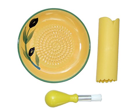 Cooks Innovations - Ceramic Grater Plate 3 Piece Set - Beautiful Olive Design - Yellow & Green