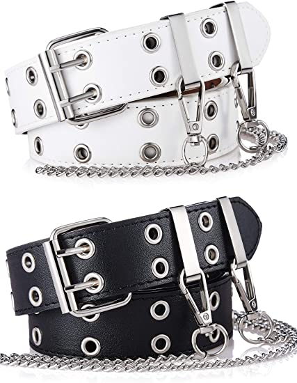 2 Pieces Double Grommet Belt PU Leather Double Prong Buckle Vintage Punk Jeans Waist Belts with Metal Chain for Women