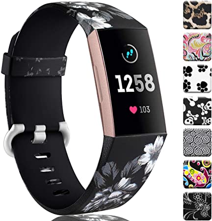 Maledan Compatible with Fitbit Charge 3 and Charge 4 Bands for Women Girls, Black/White Floral, Large