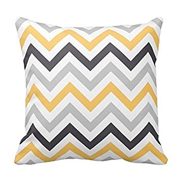 Gray Yellow and Black Chevron Pattern Design Decorative Throw Pillow Case Cover Square 18 X 18 Inch Two Sides