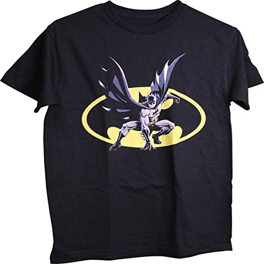 DC Comics Batman Bat Signal with Batman Landing with Cape Adult Men's T-Shirt