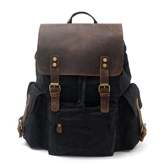 SUVOM Vintage Canvas Leather Laptop Backpack College School Bag Travel Rucksack 15.6 Inch