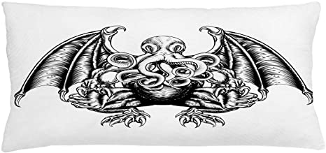 Ambesonne Kraken Throw Pillow Cushion Cover, Cthulhu Monster Evil Fictional Cosmic Monster in Woodblock Style Illustration Print, Decorative Rectangle Accent Pillow Case, 36" X 16", Black White