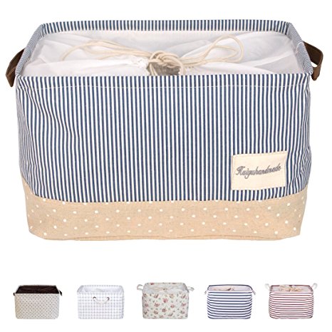 DOKEHOM DKA0611BBS 15" Storage Basket (Available 15" and 17"), Foldable Drawstring Square Cotton Linen Collapsible Toy Basket (Navy Blue, M)