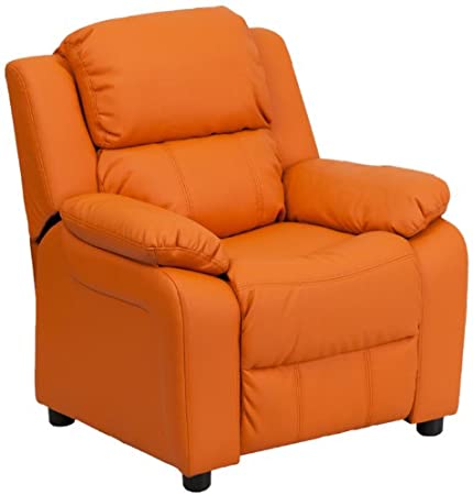 Flash Furniture Deluxe Padded Contemporary Orange Vinyl Kids Recliner with Storage Arms