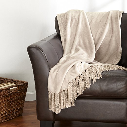 Danya Collection Ultra Velvet Plush Super Soft Blanket. Lightweight Throw Blanket in Solid Colors Featuring a Decorative Fringe. By Home Fashion Designs. (Bisque)