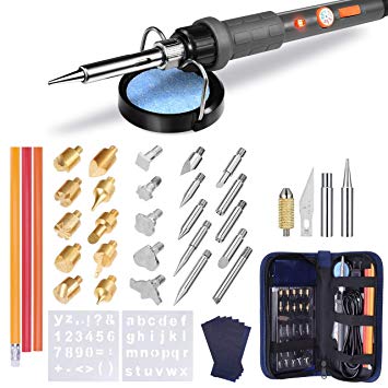 TOPELEK Wood Burning Tool Kit, Upgraded 43-in-1 Wood Burning Pen Soldering Iron Kit, Leather Pyrography Kit with 15x Wood Carving & Embossing Tips, 13x Soldering Tips, 2X Stencils, Sponge Stand, Grey