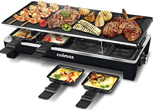 CUSIMAX Raclette Grill Electric Grill Table, Portable 2 in 1 Korean BBQ Grill Indoor & Cheese Raclette, Reversible Non-stick Plate, Crepe Maker with Adjustable Temperature Control, 8 Paddles, Black