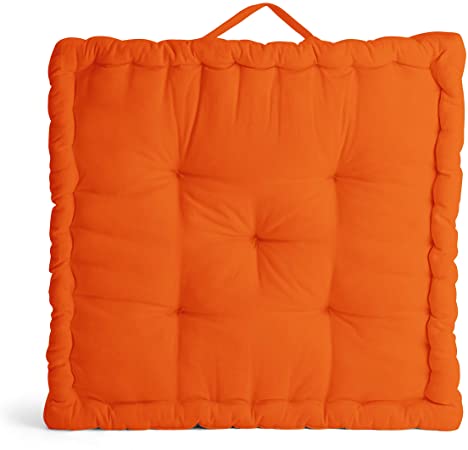 Encasa Homes Floor Cushion Large Square - 24 x 24 x 4 inch for Casual Seating & Pranayama Meditation Yoga - Orange - Padded Decorative Fiber Filled Scatter Pillow for TV, Indoor & Outdoor