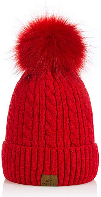 PAGE ONE Women Winter Pom Pom Beanie Hats Warm Fleece Lined,Chunky Trendy Cute Chenille Knit Twist Cap