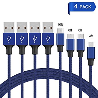 Micro USB Cable, UPMSX 4Pack 3FT/6FT/6FT/10FT Long Premium Nylon Braided Android Charger USB to Micro USB Charging Cable Samsung Charger Cord for Samsung Ga/3 [Blue]