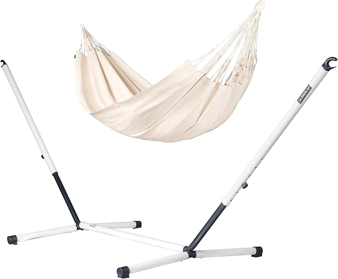 LA SIESTA® Modesta Cotton Hammock & Steel Stand - Indoor Outdoor Hammock with Stand - Portable Hammock with Stand for Outside, Extra Large Double Hammock w/Steel Stand - Max 440Lbs, King, Latte