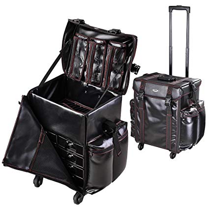 AW Black Soft-sided Rolling Makeup Case 17x14x22" PU Cosmetic Train Bag Travel Party Show