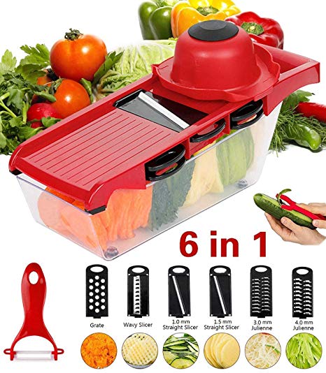 ADOV Mandoline Slicer, 6 in 1 Fruit and Vegetable Slicer, Multi Function Veg Cutter, Interchangeable Stainless Steel with Food Container, Peeler, Hand Protector, Julienne Slice for Potato Tomato Onion