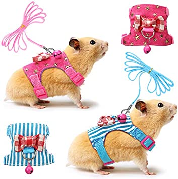 2 Pieces Small Pet Harness with Bowknot and Bell Decor, No Pulling Comfort Padded Vest Guinea Pig Harness and Leash Set for Ferret, Rats, Iguana, Hamster