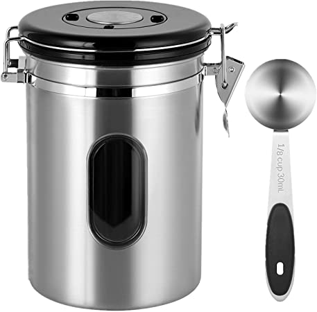 NEX Coffee Canister, Airtight Stainless Steel Storage Container with One Way Co2 Valve, Scoop and Date Tracker, Large Capacity Coffee Jar, 22oz, Silver