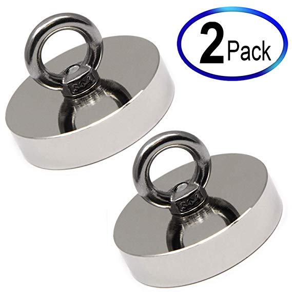2 Sets of Fishing Magnets, Powerful Neodymium Magnets w/Eyebolts - 180 Pound Pulling Power Each. Great for Magnetic Fishing and Treasure Hunting