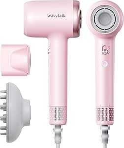 Wavytalk Hair Dryer with Diffuser Pro Fast Drying Hair Dryer 110,000 RPM with Magnetic Attachments, Professional Ionic Lightweight Hair Dryer Blow Dryer with 3 Speeds & 3 Temps Low Noise, Pink