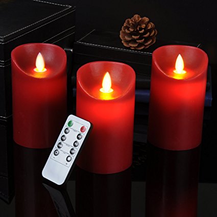 Calm-life Classic Pillar Real Wax Flameless LED Candles 3" X 5" with Timer 10-key Remote Control Feature Ivory Color - Set of 3 (3, Red)