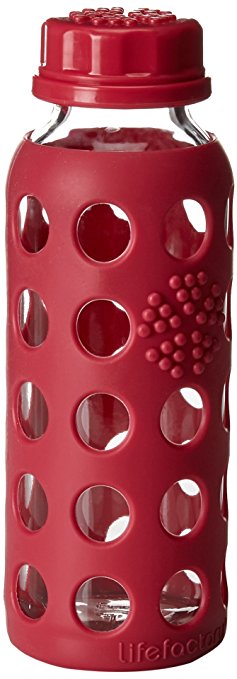 Lifefactory 9-Ounce BPA-Free Kids Glass Water Bottle with Flat Cap and Circle Patterned Silicone Sleeve, Raspberry