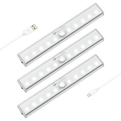 OxyLED USB Rechargeble Motion Sensor Closet Lights Under Cabinet Lightening, Stick-on Cordless 10 LED Night Light Bar, Indoor Step Light Safe Lights for Closet Cabinet Wardrobe Stairs, 3 Pack