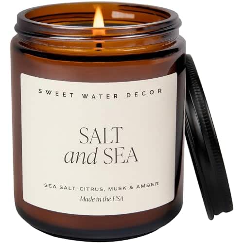 Sweet Water Decor Salt and Sea Soy Candle | Sea Salt, Citrus, Musk, and Amber Scented Candles for Home | 9oz Amber Jar   Black Lid, 40  Hour Burn Time, Made in the USA