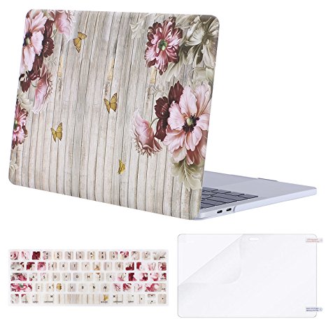 Mosiso MacBook Pro 13 Case 2017 & 2016 Release A1706/A1708, Plastic Pattern Hard Case Shell with Keyboard Cover with Screen Protector for Newest MacBook Pro 13 Inch, Gray Wooden Butterfly Flower