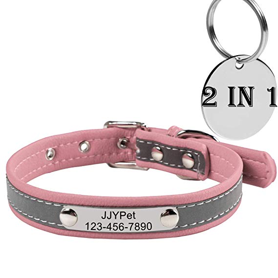 JJYPet M Personalized Leather Dog/Cat Collars Engraved Pet Collar with Name Plated,Reflective,Size Available:Extra-Small Small Medium Large Extra-Large
