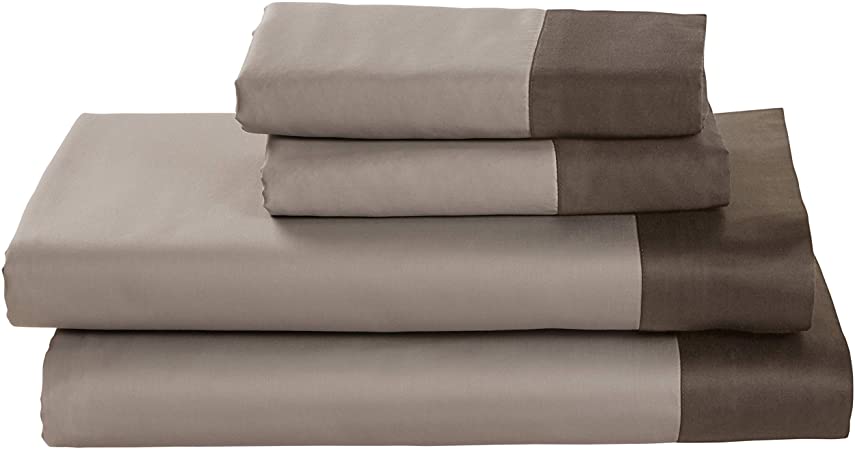 Amazon Brand – Rivet Color Block 100% Supima Cotton Bed Sheet Set, California King, Walnut / Mushroom