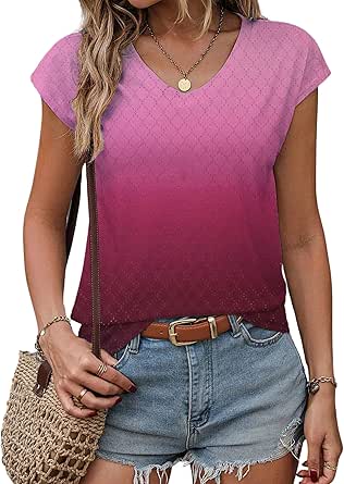 Zeagoo 2024 Women's Tank Top V Neck Eyelet T Shirts Cap Sleeve Tops Loose Fit Blouses Dressy Casual Summer Basic Shirts