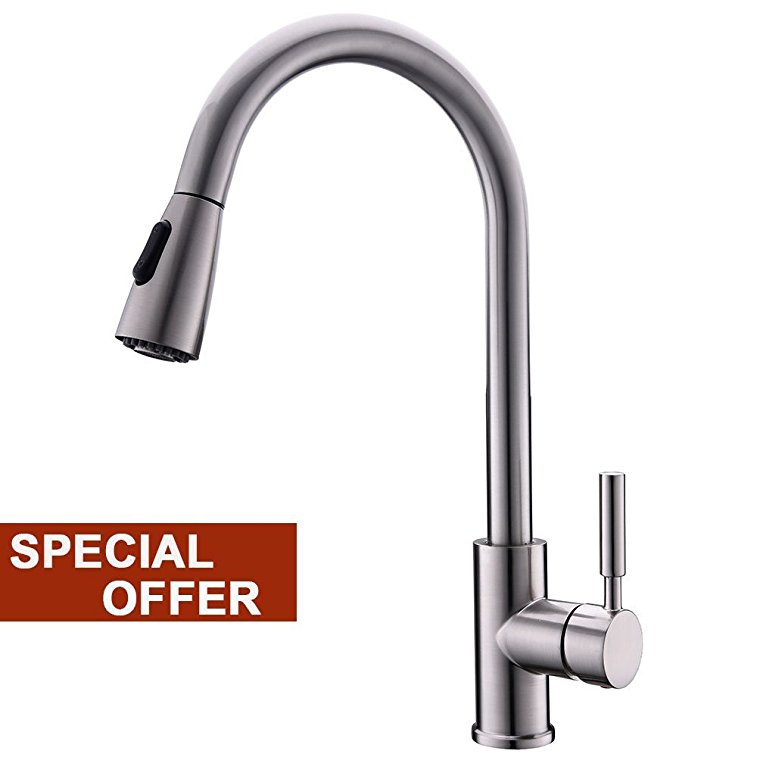 Modern Commercial Brushed Nickel Stainless Steel Single Handle Pull Down Sprayer Kitchen Sink Faucet, Pull Out Kitchen Faucets