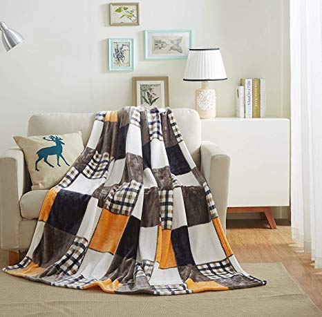Tache Orange Fall Farmhouse Super Soft Warm Lightweight Plaid Fleece Patchwork Decorative Throw Blanket for Couch, Sofa, Lap - 50x60