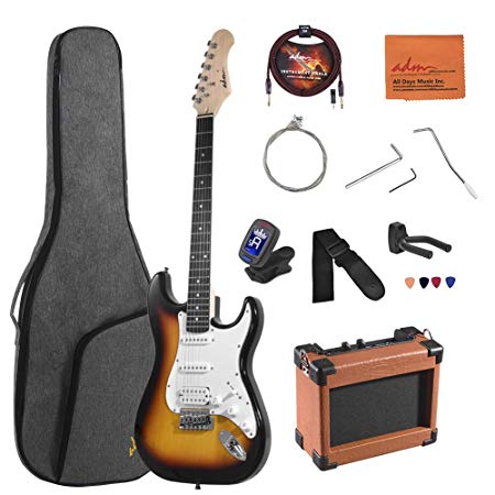 ADM Electric Guitar Beginner Kit 39 Inch Full Size Sunburst, Starter Package with Amplifier, Bag, Capo, Strap, String, Tuner, Cable and Picks (Sunburst)