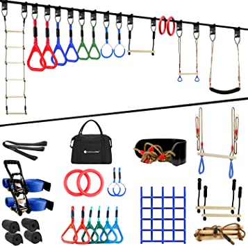 Ninja Warrior Obstacle Course for Kids with 14 Ninja Accessories, 2X65FT Slackline with Trapeze Swing, Free Style Ring, Rope Ladder, Monkey Bar, Climbing Net, Gymnastic Rings and 1.2M Arm Trainer