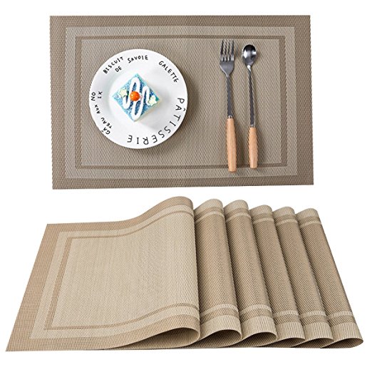 Azornic PVC Place Mats Set of 6, Heat-resistant Placemats Stain Resistant Anti-skid Washable Dining Table Mats, Gold