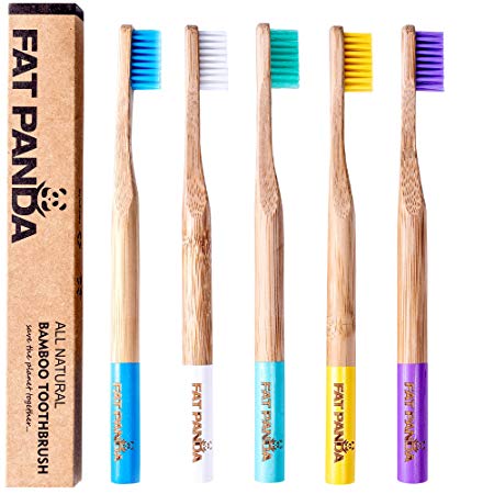 Bamboo Toothbrushes | eco-Friendly & Biodegradable Plastic Free Wooden Handle | BPA Free Medium bristles | Toothbrush in Beautiful Colours | 5 Pack | Vegan | Perfect eco Gifts