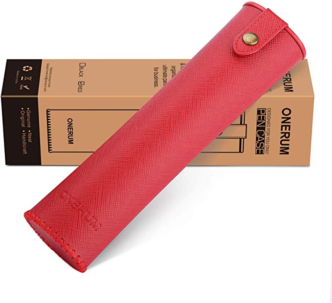Genuine Leather Pen Case Holder Pouch Bag for Pen Pencil Ballpoint Pen Ruler(Red)