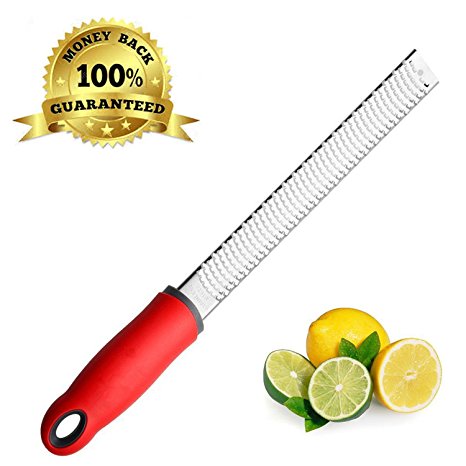 Zulay Lemon Zester - Stainless Steel Grater for Cheese, Ginger, Chocolate, Cinnamon, Citrus, Limes with Plastic Cover, Long Ergonomic Handle and Rubber Base, Red