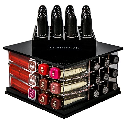 Spinning Lipstick Holder Acrylic Makeup Organizer 52 Clear Large Storage Slots - Top Compartment Case Perfect for Quick Easy Access to Favourite Cosmetic Colours. Saves Space on Vanity and Drawers