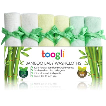 Toogli Ultra Soft Bamboo Baby Washcloth Set 6 PackBest Wash Cloths for Sensitive Skin - Thick 32 Gram Weight - Large 10 x 10 Inch Reusable WipesIdeal Baby ShowerRegistry Gift for Any Amazon Mom