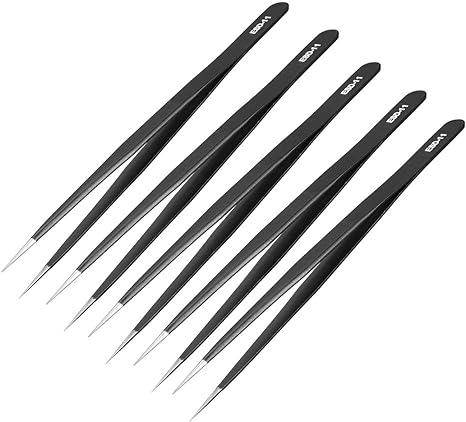 uxcell ESD-11 Tweezers, Anti-Static Stainless Steel Non-magnetic Straight Pointed Tip for Craft Jewelry Electronics, 5.5" Overall Length 5 Pcs