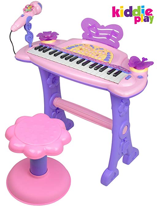 Kiddie Play Electronic 37-Key Toy Piano Keyboard for Kids with Real Working Microphone and Stool (Pink)