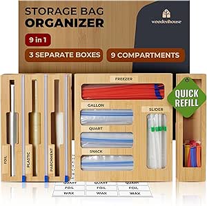 Bamboo Storage Bag Organizer, 9 in 1 Sandwich Bag Organizer - Foil and Plastic Wrap Bamboo Organizer with Labels Included by Woodenhouse