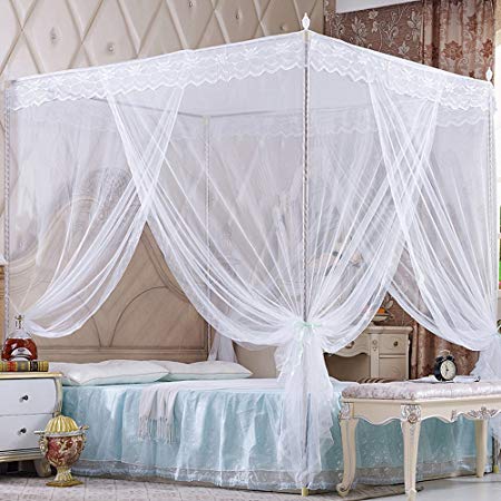 Nattey 4 Corners Princess Bed Curtain Canopy Canopies For Girls Boys Adults Bed Gift (Twin, White)