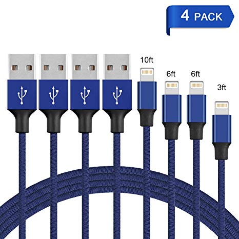 JCHOPE Charger Cable 4Pack 3FT 6FT 6FT 10FT to USB Charging Cable Data Nylon Braided Cord Charger Suitable Compatible iPhone Charger X 8Plus 8 7 Plus 7 6s Plus 6 (Blue)