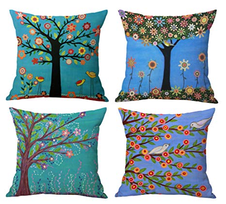 Geepro Oil Painting Pillow Covers 18x18 inches Birds Tree Flower Decorative Sofa Cushion Covers