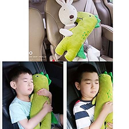 Cute Doll Car Seat Strap Belt Cushion Cover for Kids Children, Adjustable Pillow Pad Vehicle Car Safety Belt Toy Pet Protect Shoulder Chest Child (DinoGreen)
