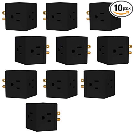 GE 3 Outlet Wall Tap, 10 Pack, Extra-Wide Adapter Spaced, Grounded, Easy Access Design, Indoor, Black, 47041